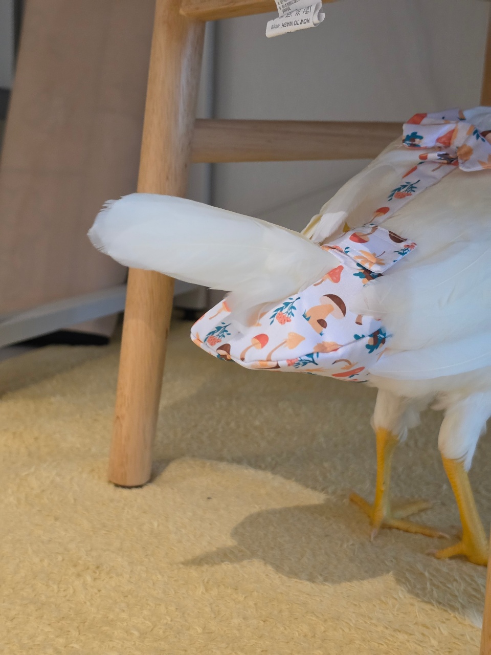 목재 프레임 침대에 앉아 있는 새 인형