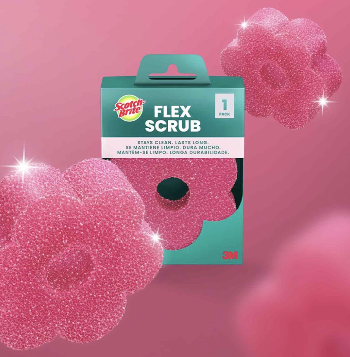 Scotch-Brite Flex Scrub 제품 패키지와 분홍색 스펀지