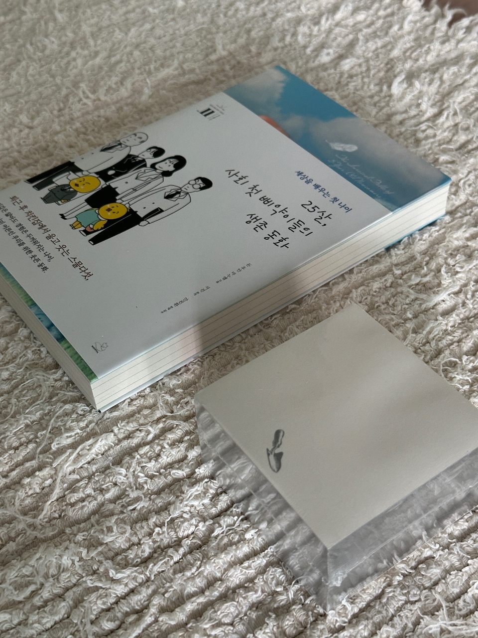 카펫 위에 놓인 한글 책과 흰색 상자