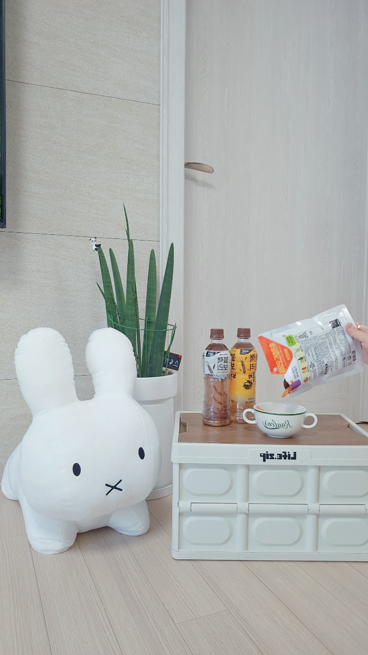 책상 위 인형, 화분, 음료수, 신문이 놓인 침실 공간