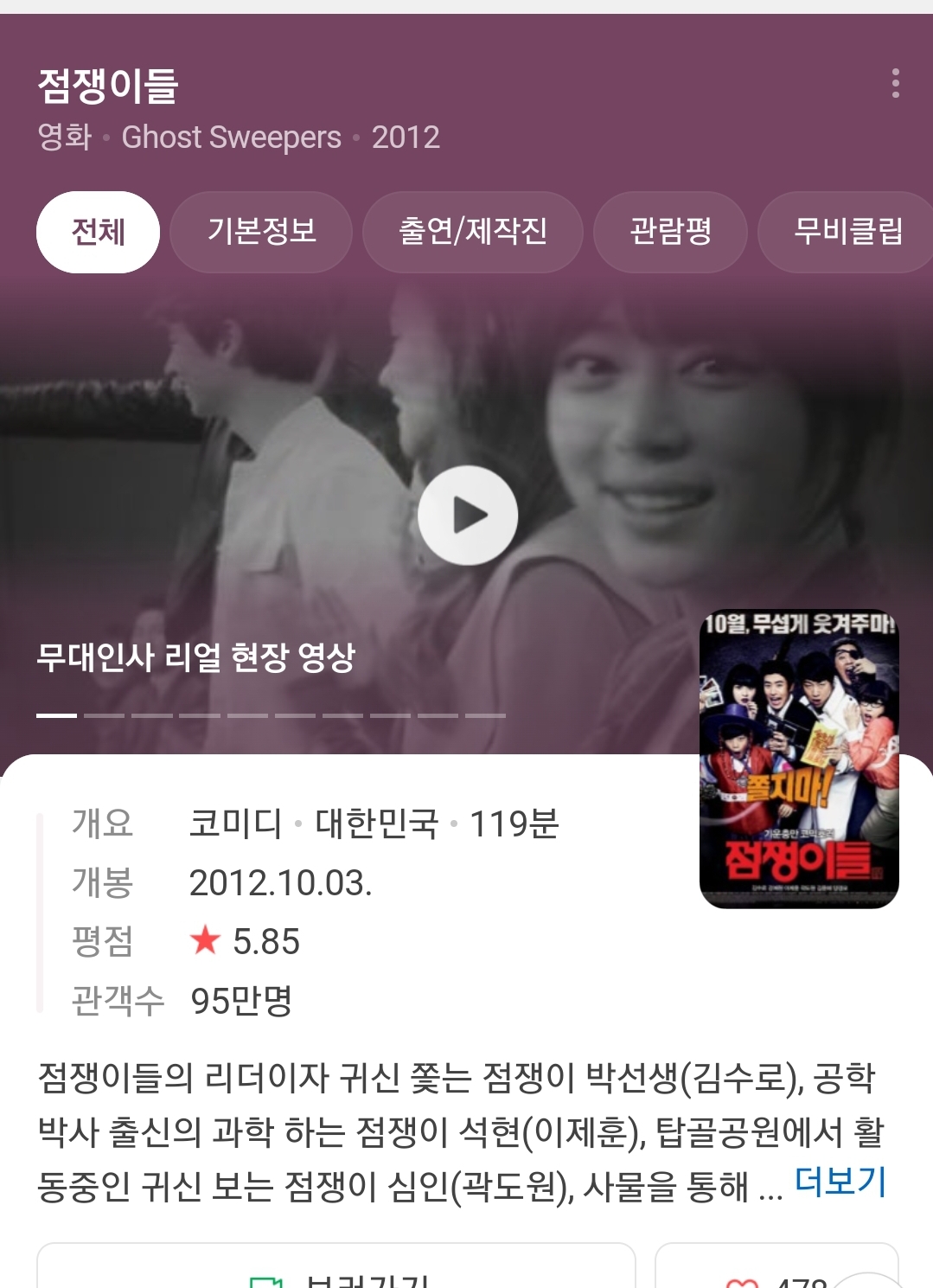 영화 '접쟁이들' 정보 페이지와 포스터