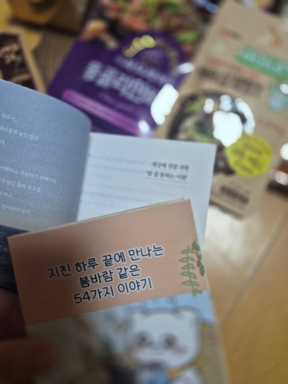 책과 팜플렛이 책상에 펼쳐져 있다