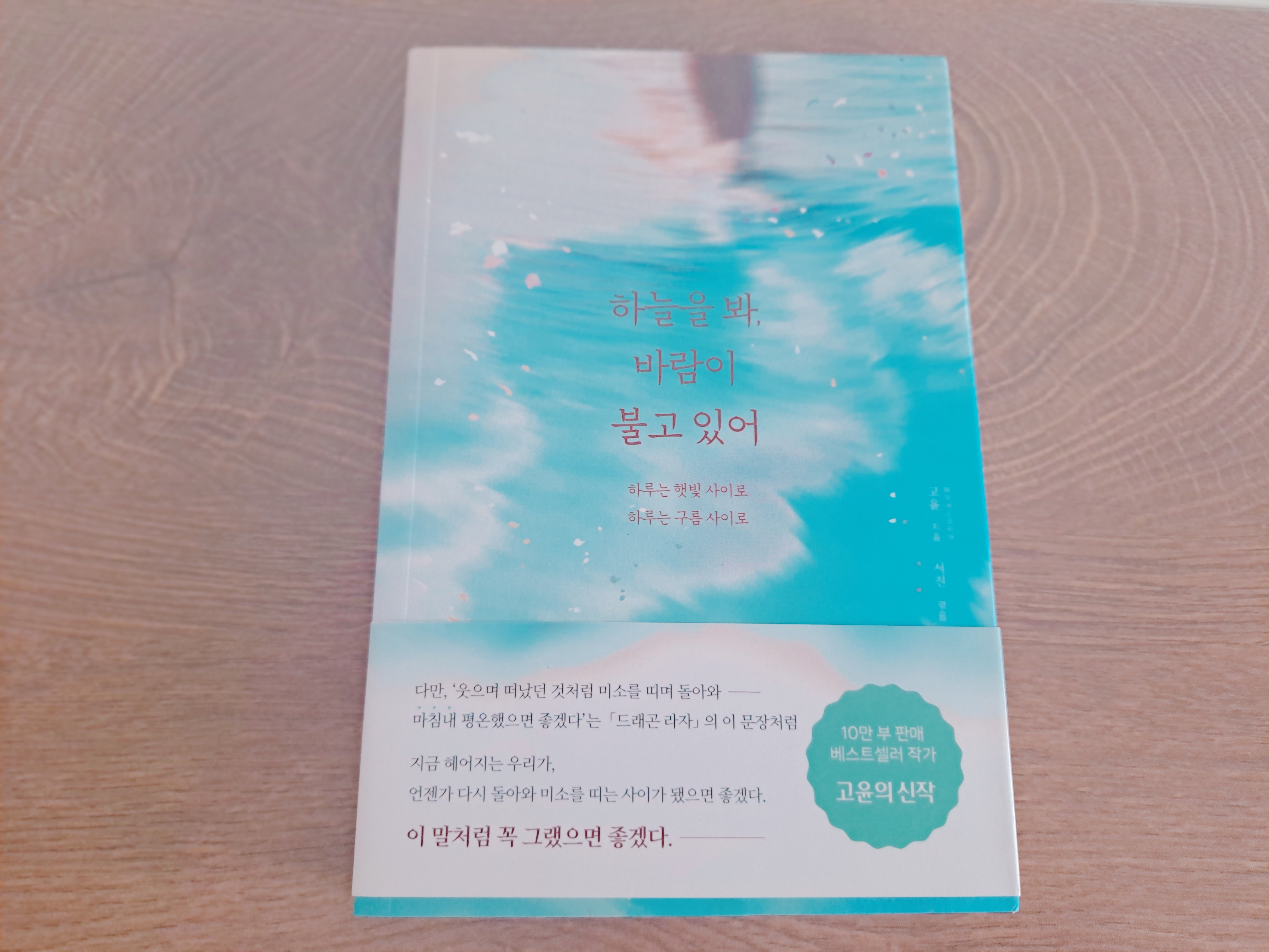 목재 표면에 놓인 하늘과 구름 일러스트의 한국어 도서