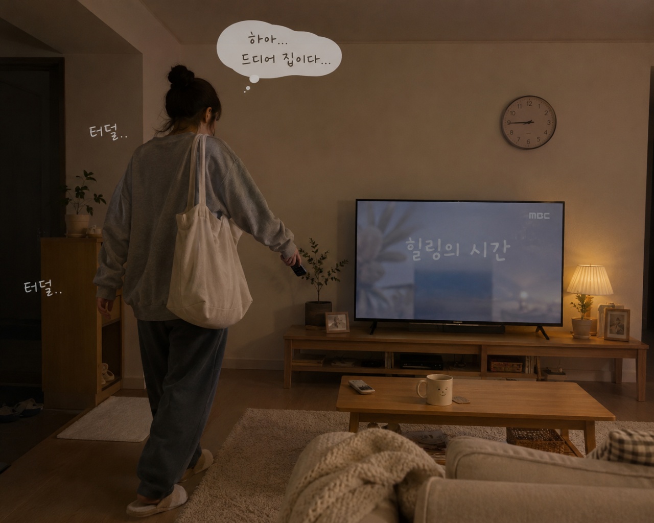 거실에서 티비를 보며 서 있는 사람과 화면, 소파, 커피테이블